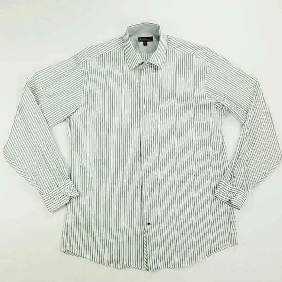 Ben Sherman 15.5 32-33 Medium Men's White Black Gray Trim Stripe Cotton Shirt - Picture 1 of 9